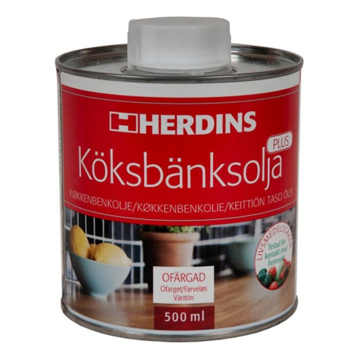 En burk Herdins Köksbänksolja ofärgad, 500 ml, använd för att polera köksbänkar till en blank yta.