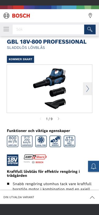 Bosch GBL 18V-800 sladdlös lövblås med olika munstycken, kommer snart, effektiv för rengöring utomhus med kraftfull borstlös motor.