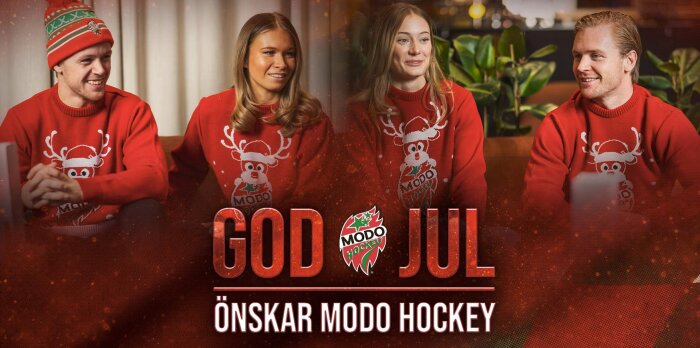 Fyra personer i röda jultröjor med renmotiv och texten "God Jul önskar Modo Hockey" i förgrunden.