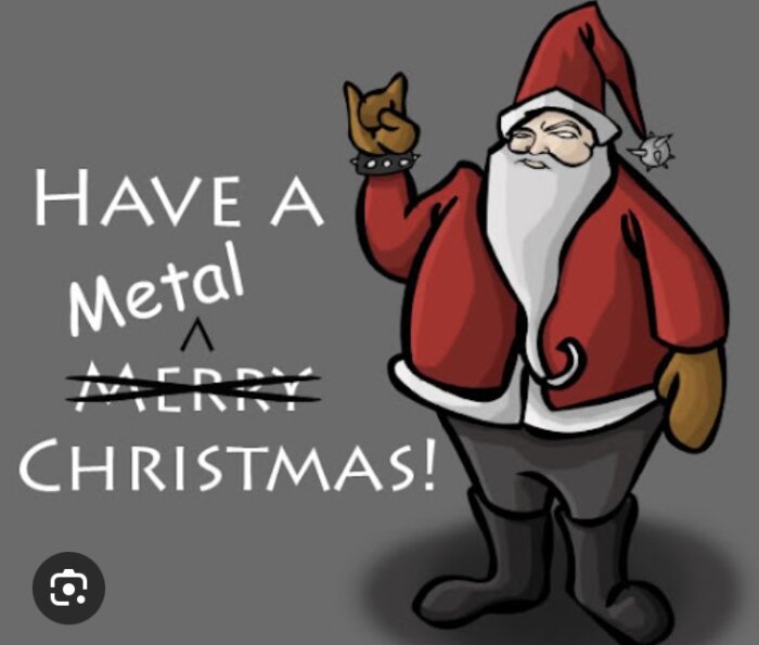 Tecknad jultomte i röd dräkt gör en rockgest med texten "Have a Metal Christmas!" där "Metal" ersätter "Merry".