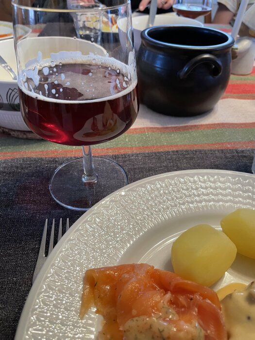 Julöl i glas på bord med tallrik innehållande kokt potatis och gravad lax, del av traditionellt julbord.