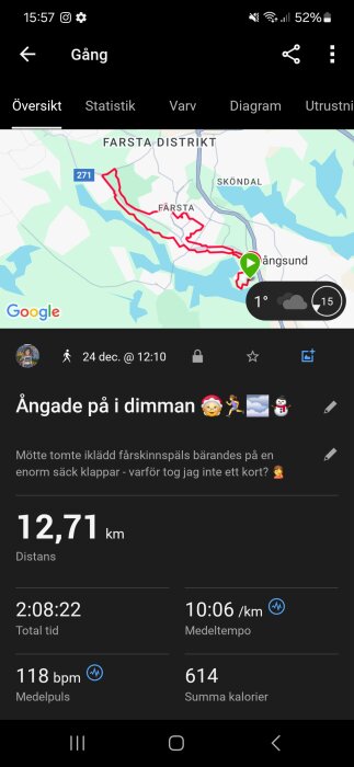 Karta av gångrunda i Farsta, 12,71 km, tid 2:08:22, medelhastighet 10:06/km, medelpuls 118 bpm, 614 kalorier brända, dimmigt väder.