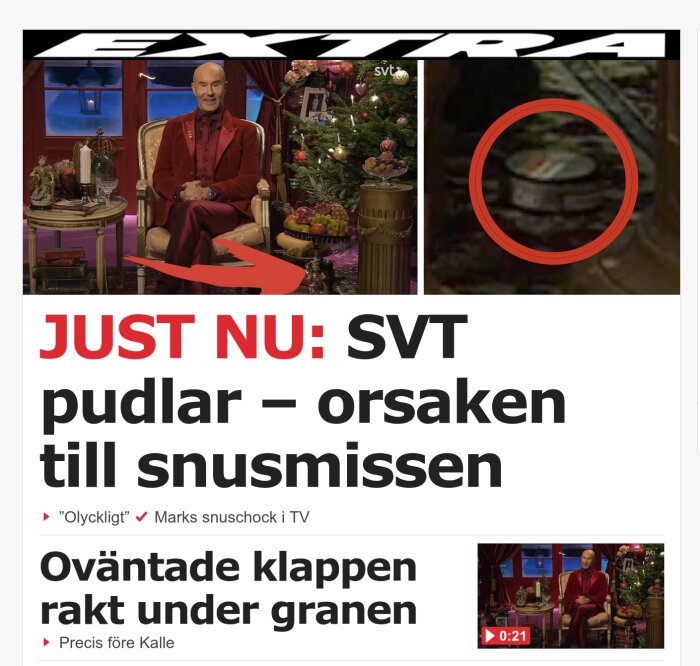 Person på TV med juldekorationer, en snusdosa är markerad under granen.