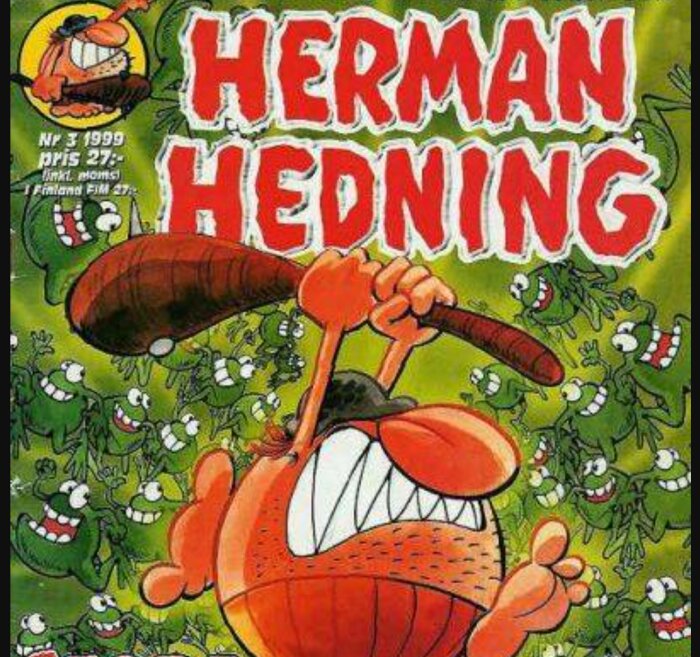 Omslag av serietidningen "Herman Hedning" nummer 3 från 1999 med Herman som svingar en klubba omgiven av gröna varelser.