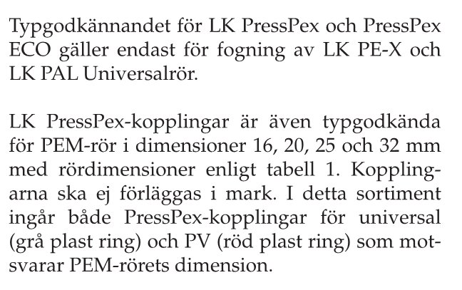 Text som beskriver typgodkännande och dimensioner för LK PressPex-kopplingar för PEM-rör.