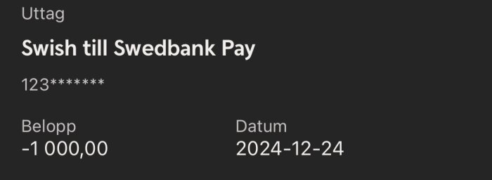 Swish-betalning till Swedbank Pay på 1000 kr, datum 2024-12-24.