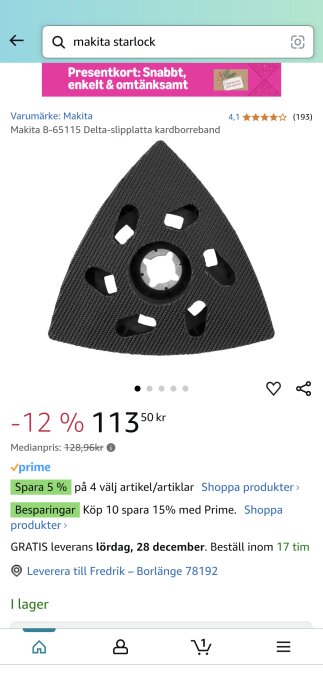 Makita B-65115 delta-slipplatta kardborrebunden på onlinebutik med rabatt på 12 % till priset av 113,50 kr.