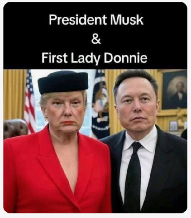 Två personer med deepfake-ansikten i ovala rummet, under texten "President Musk & First Lady Donnie".