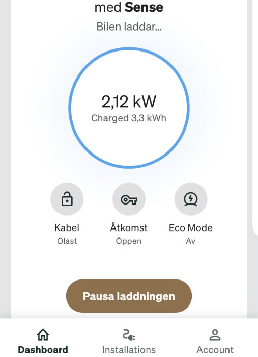 Bild av Zaptec laddbox app som visar laddhastighet 2,12 kW och laddad mängd 3,3 kWh, med kontroller för kabel, åtkomst och Eco Mode.