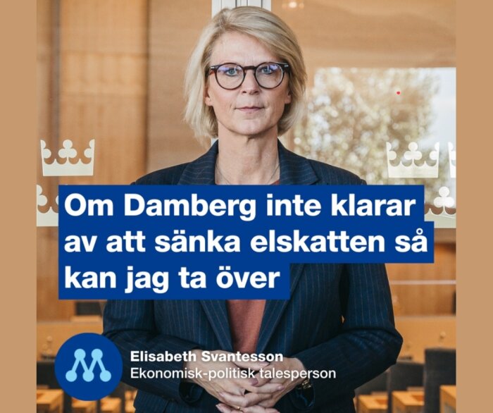 En kvinna i glasögon med en text över bilden som diskuterar elskatt och politik.