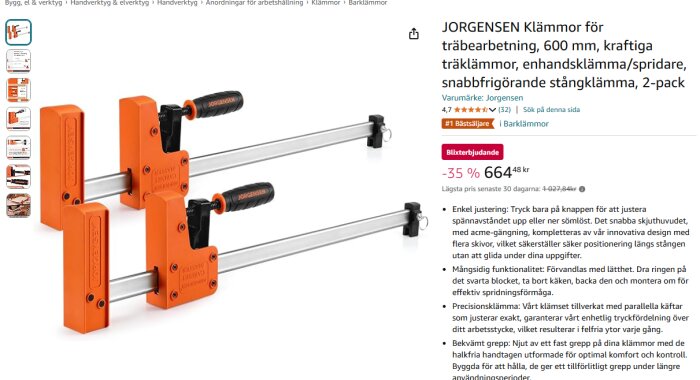 Jorgensen träklämmor, 600 mm, två enheter. Orange design med svart handtag. Används för träbearbetning, snabbfrigörande stångklämma.