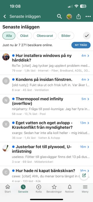 Mobilskärmdump av ett diskussionsforum med olika trådar, inklusive ämnen som "Hur installera Windows på ny hårddisk?" och "Kondens på insidan fönstren".