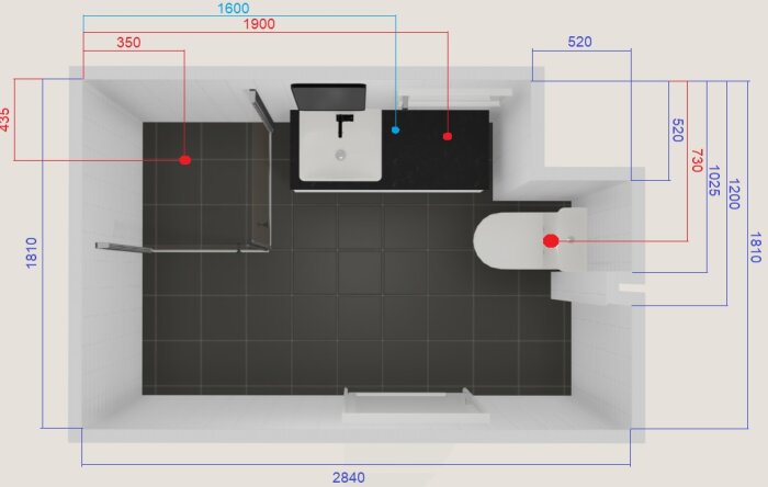 Planritning av ett litet badrum på 5,2 kvm med måttsatta väggar och placering av handfat, toalett, duschutrymme, avlopp och vattenanslutningar.