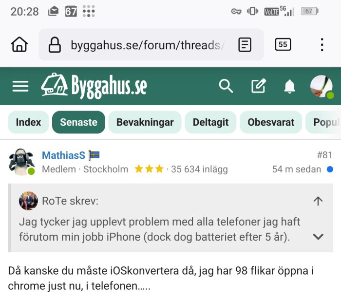 Skärmbild av Byggahus.se forumtråd på mobil med användarprofiler och diskussion om antal öppna flikar i webbläsaren.