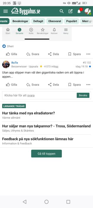 Bild av en diskussionstråd på Byggahus.se forum, visad i en mobilwebbläsare, med menyer och en kommentar om appens gränssnitt.