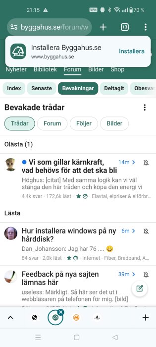 Skärmbild av Byggahus.se-forumet i Chrome på Android 14, med ämneskategorier och diskussionstrådar synliga.