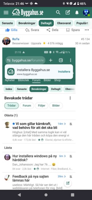 Skärmbild av Byggahus.se-forumets bevakade trådar visad i webbläsaren Firefox 113.0.3 på en Android 13-enhet.