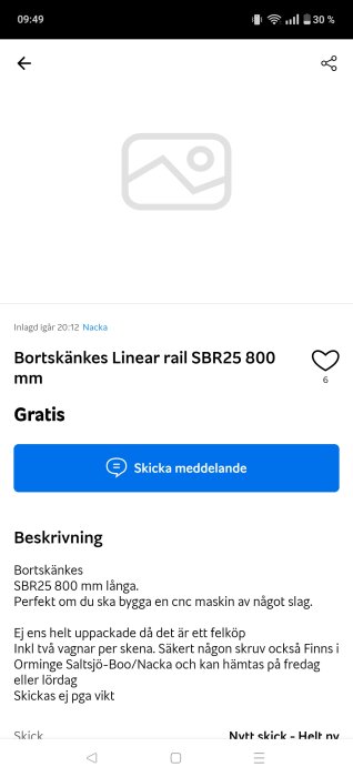 Bild av en annons för bortskänkt linjärskena SBR25, 800 mm lång, för CNC-maskin, fortfarande förpackad. Finns att hämta i Nacka.