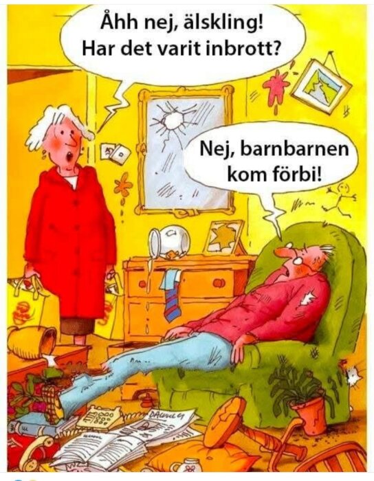 Tecknad bild av ett stökigt rum, en man ligger utslagen i fåtöljen, en kvinna står bredvid. Textbubblor antyder barnbarns kaos.