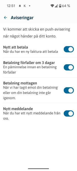 Inställningar för betalningsaviseringar i Svea Pay-appen, med alternativ för att slå på push-notiser för nya betalningar, fakturor och meddelanden.