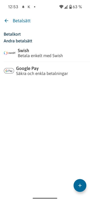 Svea Pay-app, betalningsalternativ: Swish och Google Pay visas på skärmen, med beskrivningar som "Betala enkelt med Swish" och "Säkra och enkla betalningar".