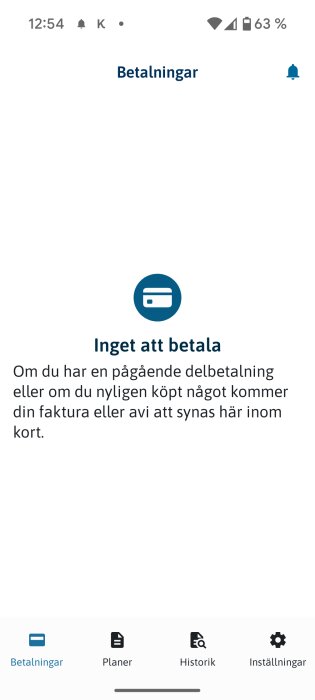 Skärmdump av Svea Pay-appen visar rubriken "Betalningar" och meddelandet "Inget att betala". Ikoner för betalningar, planer, historik och inställningar visas.