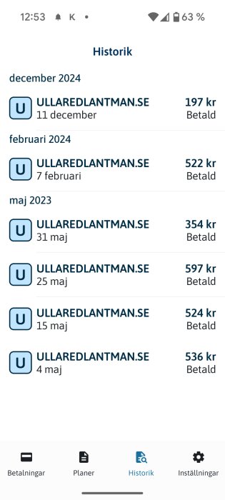 Skärmbild av Svea Pay-appens historik över betalningar gjorda till Ullaredlantman.se under 2023 och 2024, med belopp och datum.