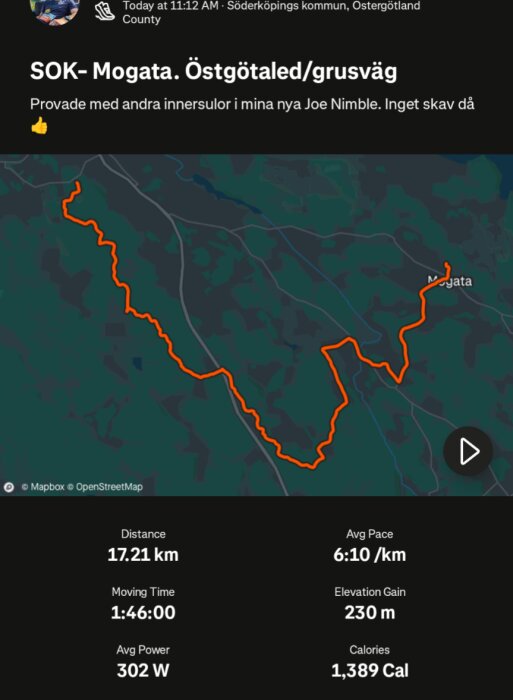 Karta över en löprunda i Söderköpings kommun. Total sträcka 17,21 km med en höjdökning på 230 m. Genomsnittlig hastighet 6:10 min/km.