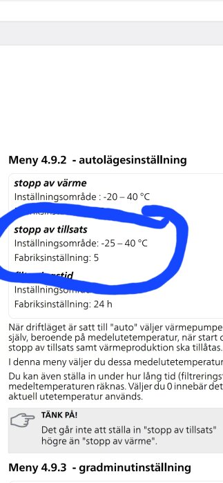 Meny för autolägesinställning som visar temperaturinställningar för "stopp av tillsats" och fabriksinställningar, blå markering runt textsektion.