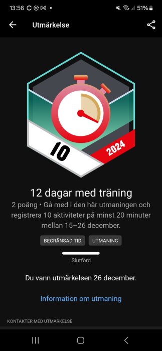 Ikon för träningstävling med stoppur, text "12 dagar med träning", kriterier och besked om utmärkelse vunnen den 26 december.