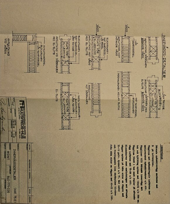 Byggtegning fra Hultsfredshus som viser detaljer om innvendige veggkonstruksjoner, med fokus på fiberplank og skilleveggsløsninger fra 1978.