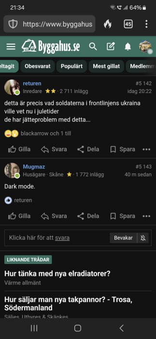 Skärmbild av Byggahus.se forum i mörkt läge, diskussion om soldater i Ukraina och inlägg om dark mode.