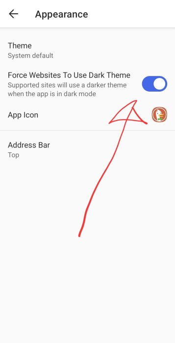 DuckDuckGo-inställningar visar hur man aktiverar mörkt tema för webbplatser, med ett reglage markerat för "Force Websites To Use Dark Theme".