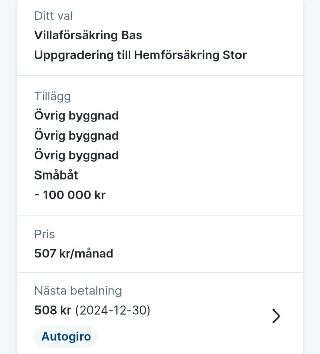 Försäkringsinfo med villaförsäkring bas, hemförsäkring stor, tillägg för byggnader och småbåt, månadskostnad 507 kr, nästa betalning 508 kr.