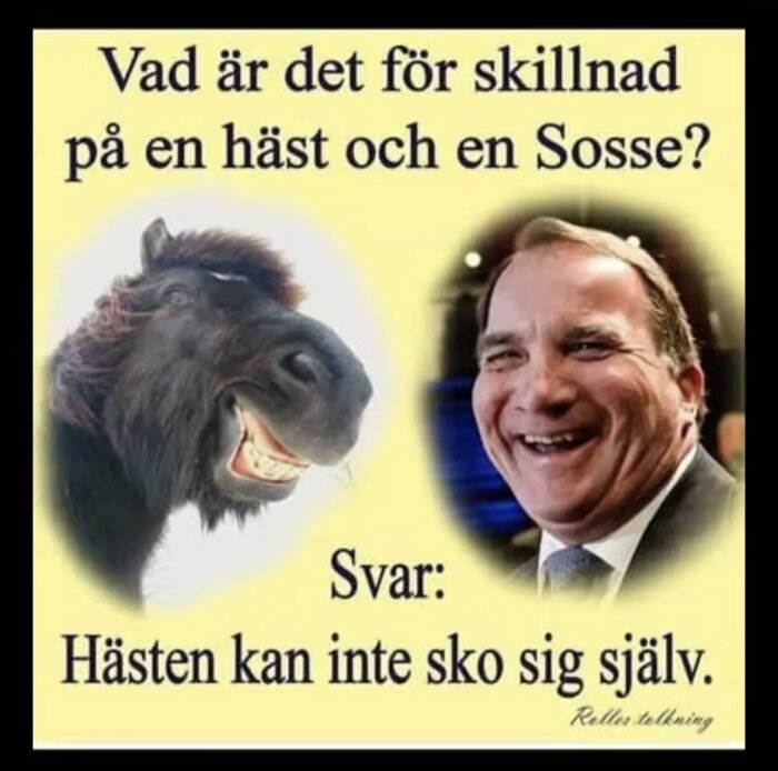 En bild med en leende häst och en person med texten: "Vad är det för skillnad på en häst och en Sosse? Svar: Hästen kan inte sko sig själv.