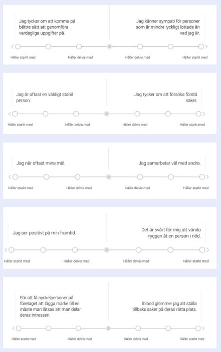 En bild av enkätfrågor med skalor som beskriver personliga påståenden och svarsalternativ från "Håller starkt med" till "Håller starkt med".