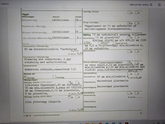 Dokument från kommunen som beskriver byggmaterial och specifikationer för väggar och bjälklag i ett byggprojekt.