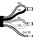 Kabel med fem ledningar: brun, svart, blå, grå och grön/gul, märkta BN, BK, BU, GY, GN/YE, vid stickproppsänden.