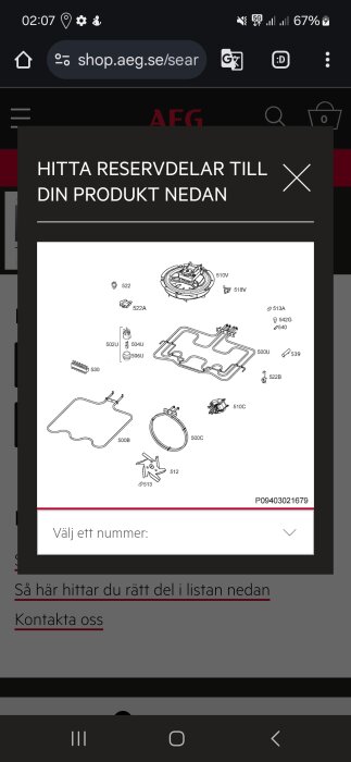 Sprängskiss över ugnsdelar inklusive termostat och överhettningsskydd med numrering för att hitta rätt reservdelar.