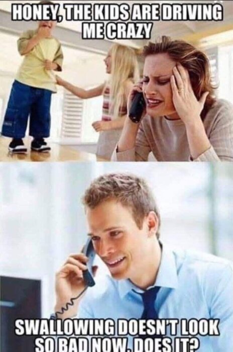 En kvinna pratar i telefon, ser stressad ut medan två barn leker runt. En man i en kostym pratar på telefon, ser glad ut. Memtext ovan och under bilderna.