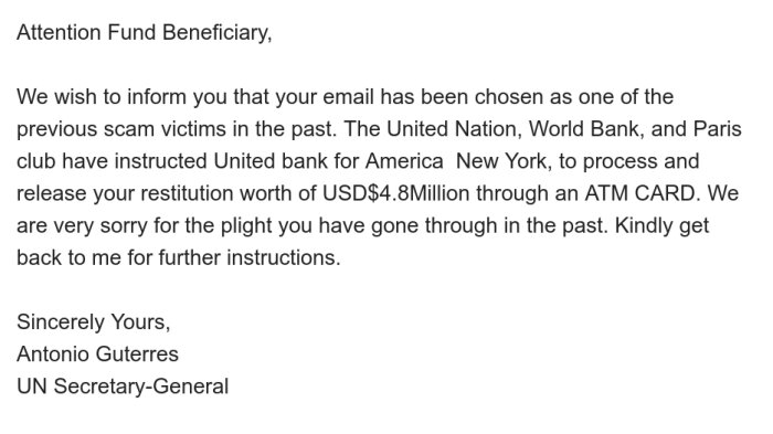 Brev från bluffmakare som utger sig vara FN:s generalsekreterare, lovar återbetalning på 4,8 miljoner USD.