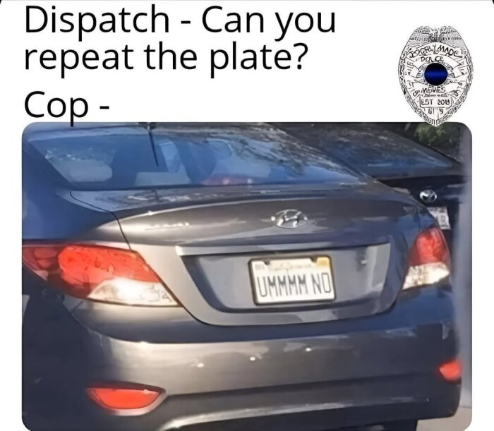 Grå bil med registreringsskylten "UMMMM NO" och en text ovan som lyder "Dispatch - Can you repeat the plate?" och "Cop -" som svar.
