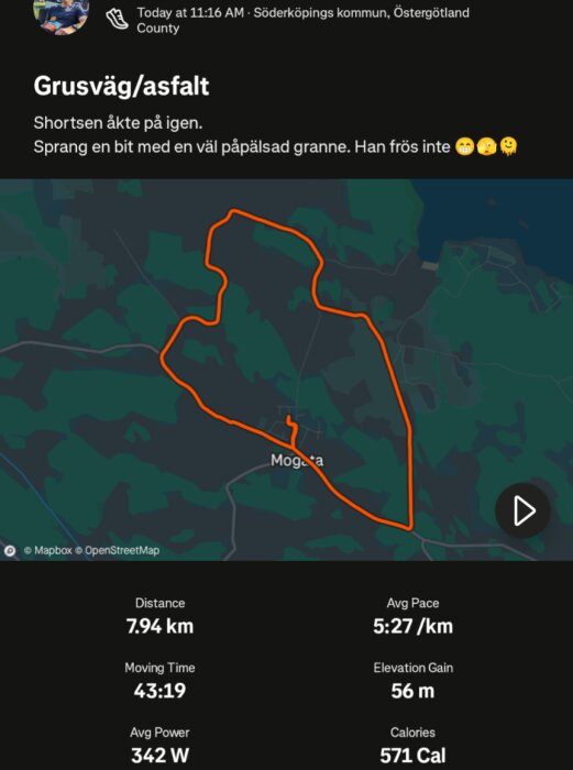 Karta över en löprunda på 7,94 km runt Mogata i Östergötland. Distans och tid visas tillsammans med emoji-kommentarer om en löpartur med en granne.