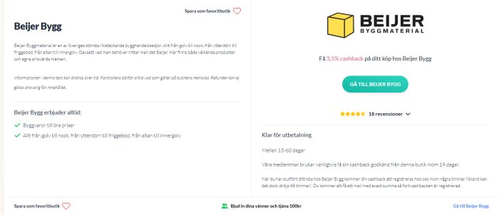 Beijer Bygg-sida med erbjudande om 3,5% cashback via Refunder, byggvaror till bra priser och kundomdömen.