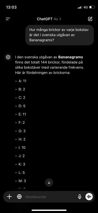 Skärmbild visar fördelning av bokstavsbrickor i svenska Bananagrams: A(11), B(2), C(2), D(5), E(11), F(2), G(3), H(2), I(10), J(2), K(3), L(5), M(3).