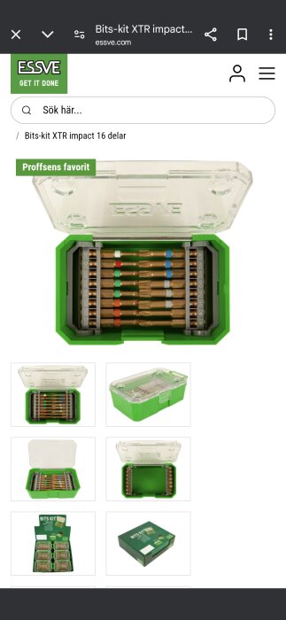Grön plastlåda med bits och färgkodade markeringar inuti. Locket är genomskinligt. Produktnamn: Bits-kit XTR impact, 16 delar från ESSVE.