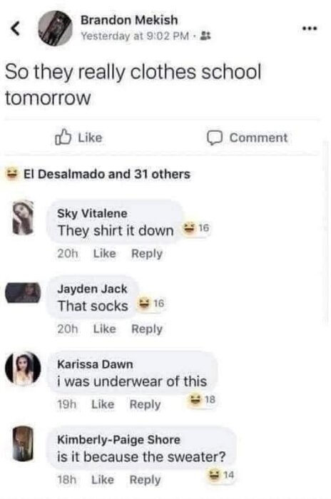 En skärmdump av ett Facebook-inlägg som diskuterar klädkod i skolan med ordvitsar i kommentarerna.