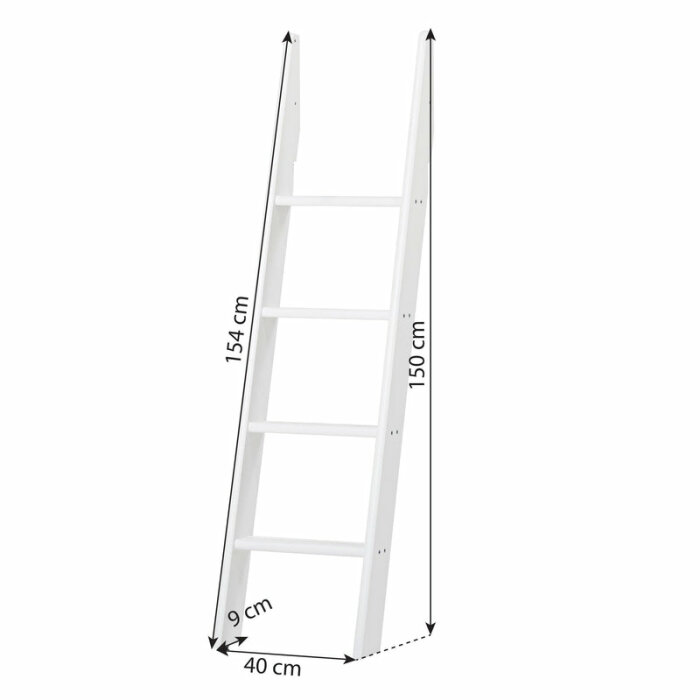 Vit trästege, 150 cm hög, 40 cm bred. Fyra steg och lutande design, visas mot vit bakgrund. Markerade dimensioner: 154 cm höjd, 9 cm djup.