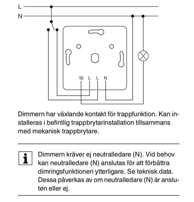 Elschema för Elko RS 370 led-dimmer med trappfunktion och koppling till lampa, visar anslutningar för fas och neutralledare.