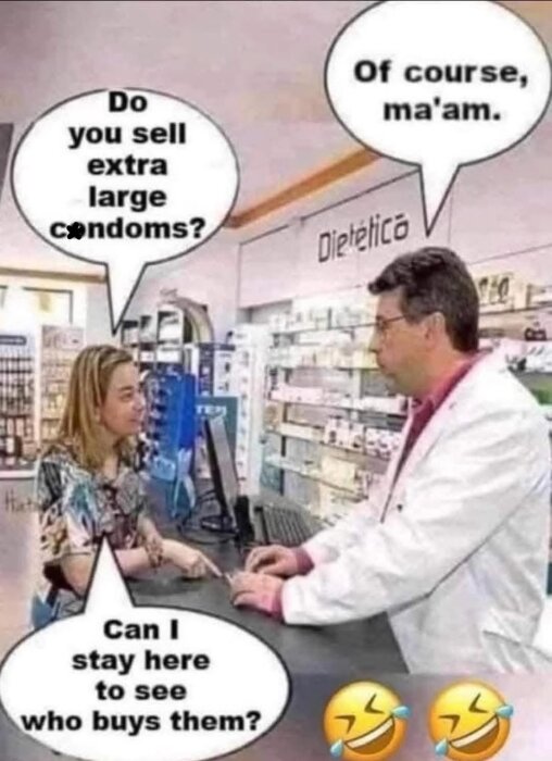 Kund och apotekare i diskussion vid disken, med humoristisk text om köp av extra stora kondomer.